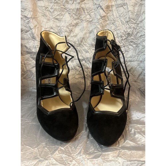 Jimmy Choo Suede Napa Lace Up Black Heels size 39.5